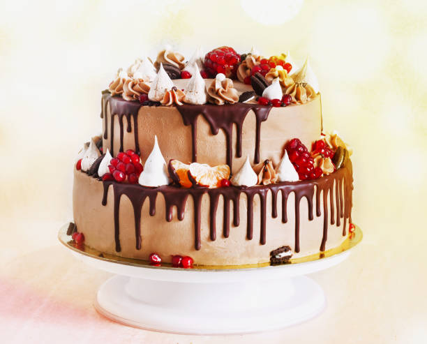 istock Festive two-tier cake with fruit streaks of chocolate 844319880