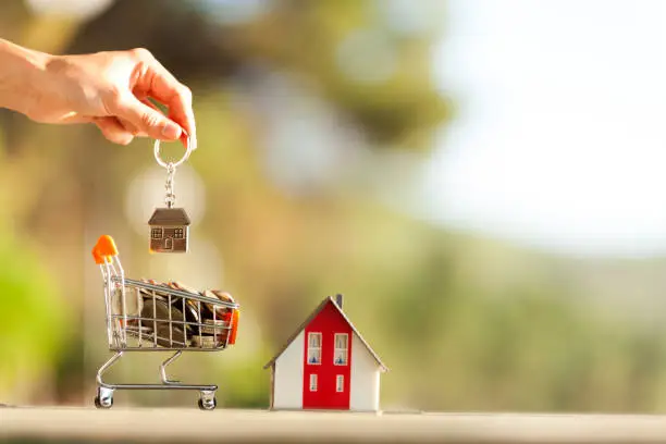 Photo of Model House in Mini Shopping Cart  Concept on isolated Background
