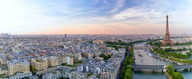 istock Aerial view of Paris with Eiffel tower during sunset 844322782