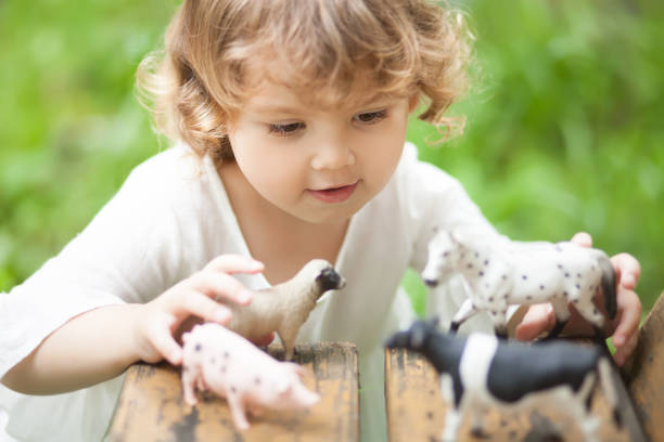 adorável menina brincar com brinquedos animais - fine motor skills - fotografias e filmes do acervo