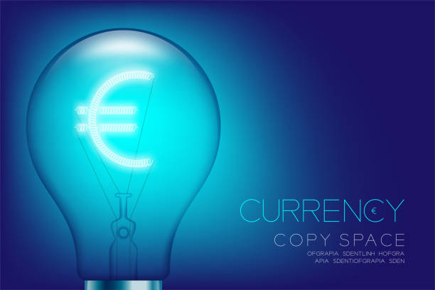 istock Alphabet Incandescent light bulb switch on set Currency EUR (European Euro) symbol concept, illustration isolated glow in blue gradient background 844330210