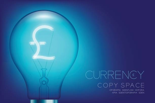 istock Alphabet Incandescent light bulb switch on set Currency GBP (Pound Sterling) symbol concept, illustration isolated glow in blue gradient background 844330422