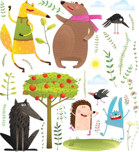 дикие смешные лесные объекты и животные установить - tree book apple apple tree stock illustrations