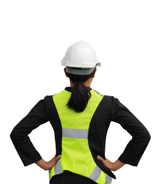 istock Back view of female construction worker isolated on white background. 844335380