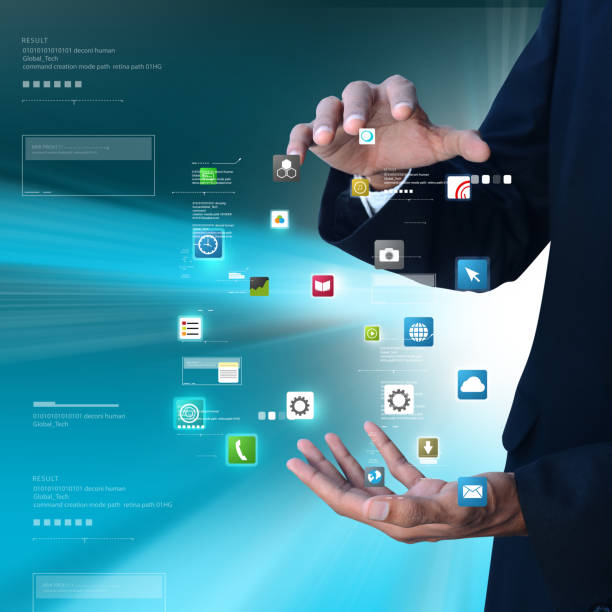 istock Man showing app icons 844338358