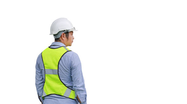 istock Back view of Male construction worker isolated on white background. 844341094