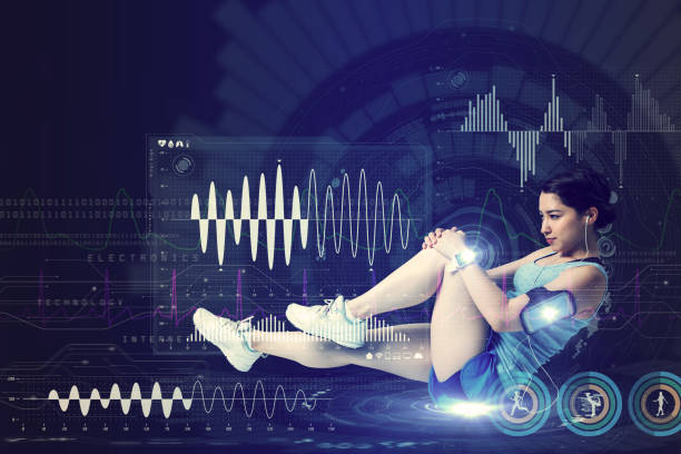 istock sports technology concept. stretching woman and various technological abstract graphics. sport science. 844341654