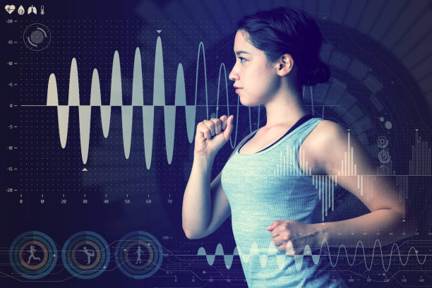 sports technology concept. running woman and various technological abstract graphics. sport science.
