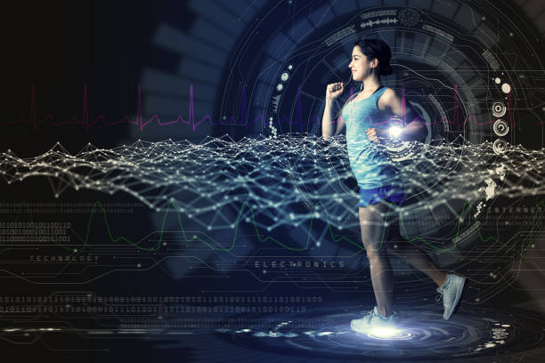 istock sports technology concept. running woman and various technological abstract graphics. sport science. 844341702
