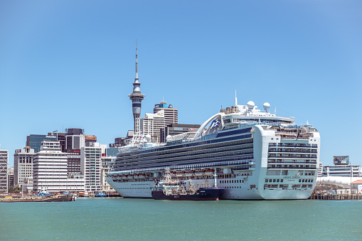 Cruise ship moored at Circular Quay, an international passenger shipping port, public piazza and tourism precinct and heritage area in Sydney, New South Wales.