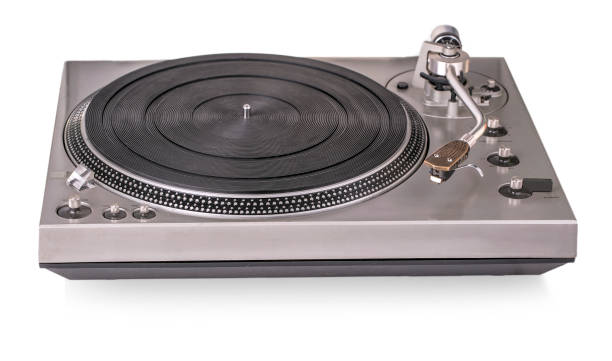 istock Old dusty vinyl turntable player isolated over white background. 844350280