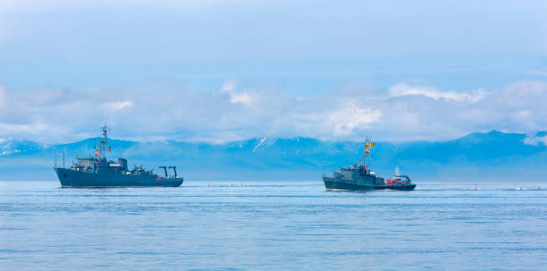 istock Naval minesweeper in Avacha bay on Kamchatka. 844350290