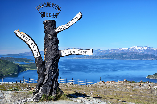 Signpost located on the top of Kvænangsfjell, 412 meters above sea level, Norway