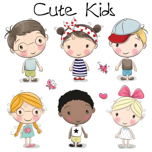 słodkie kreskówki dziewczyny i chłopcy - hat toddler little girls pink stock illustrations