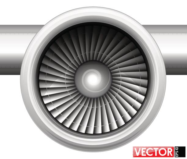 ilustrações de stock, clip art, desenhos animados e ícones de turbines of an aircraft engine in a gondola. front view of the compressor. air inlet. traced engine parts and part of the wing. - fuel and power generation air vehicle repairing airplane