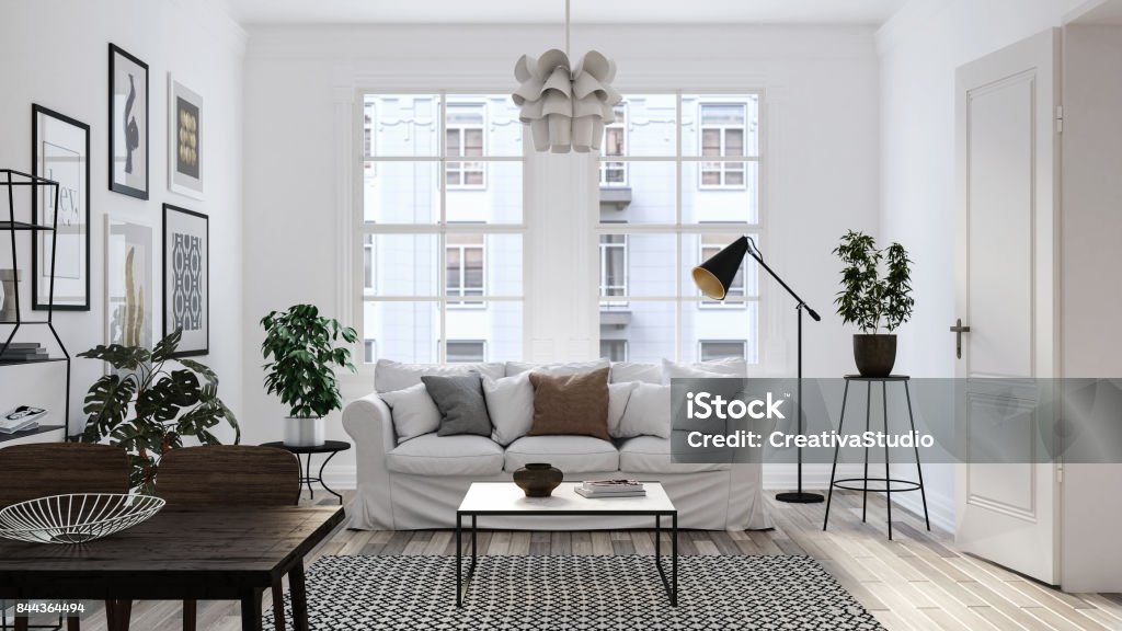 Sala de estar escandinavo moderno interior 3d render - Foto de stock de Interior royalty-free