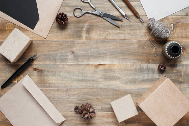 istock Old wooden table with vintage stationery 844365496