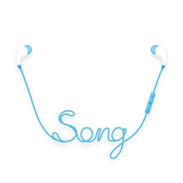 istock Earphones wireless and remote, In Ear type blue color and song text made from cable isolated on white background, with copy space 844367932