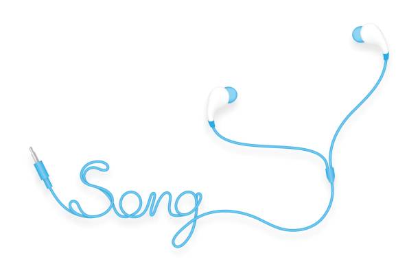 istock Earphones, In Ear type blue color and song text made from cable isolated on white background, with copy space 844367974