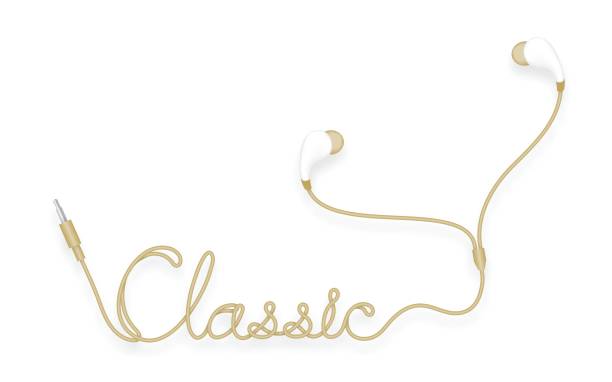 istock Earphones, In Ear type dark gold color and classic text made from cable isolated on white background, with copy space 844371120