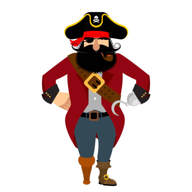 istock Pirate isolated. Eye patch and smoking pipe. filibuster cap. Bones and Skull. Head corsair black beard. buccaneer Wooden foot 844371360