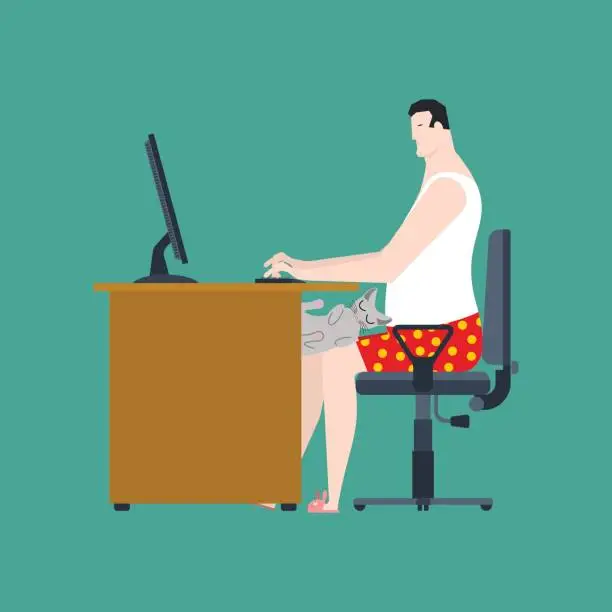 Vector illustration of Freelancer working at table. Remote work. job desk with computer and cat. Naked Man in underwear Working at PC at home. Vector illustration