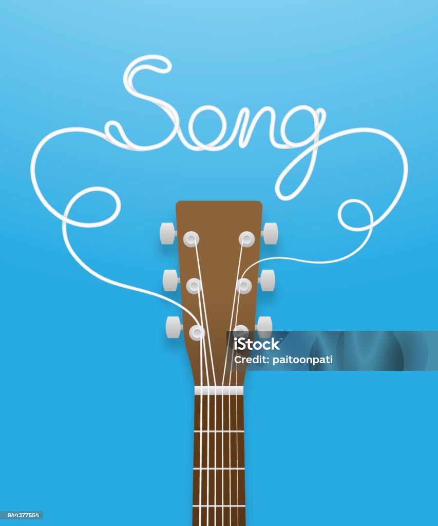 Guitar brown color and song text made from guitar strings illustration concept idea  isolated on blue gradient background, with copy space vector eps10 Art stock vector