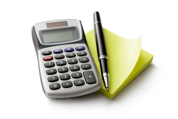 Office: Adhesive Note, Calculator and Ballpoint Pen Isolated on White Background