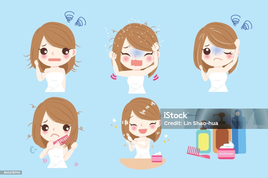 woman with hair problem woman with hair problem before and after Human Scalp stock vector