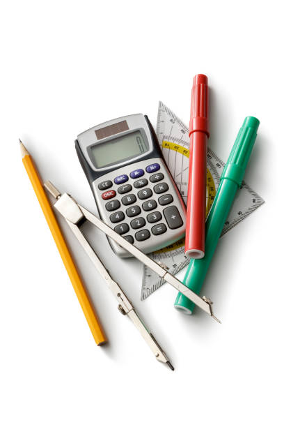 office: calculator, compasses, pencil, markers and set square isolated on white background - geometry mathematics drawing compass mathematical symbol imagens e fotografias de stock