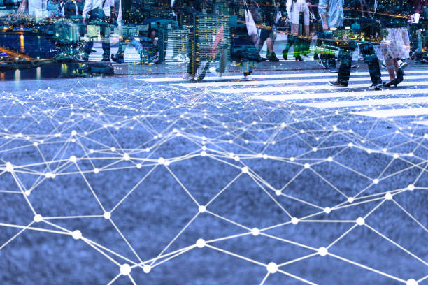 Walking crowd and mesh communication network concept. Internet of Things. Smart city. Information Communication Technology.