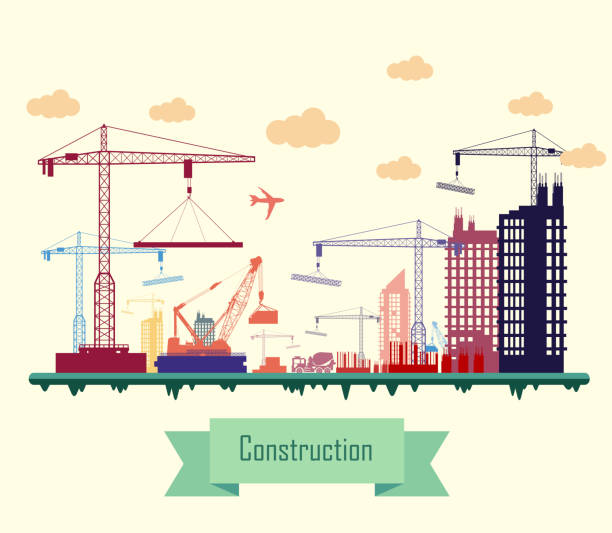 다채로운 건설 현장 - silhouette crane construction construction site stock illustrations