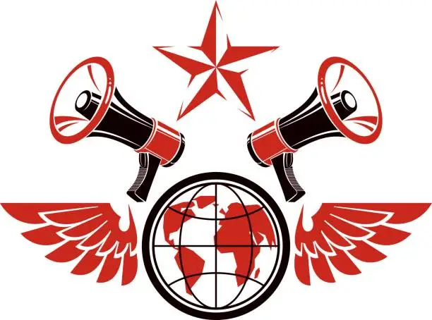 Vector illustration of Simple vector emblem created using Earth planet illustration composed with wings and loudspeakers equipment. Propaganda as one of the methods of global psychological warfare.