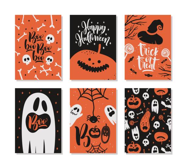 ilustraciones, imágenes clip art, dibujos animados e iconos de stock de conjunto de tarjeta de felicitación de halloween con caligrafía manuscrita frases y palabras. - fantasma ilustraciones