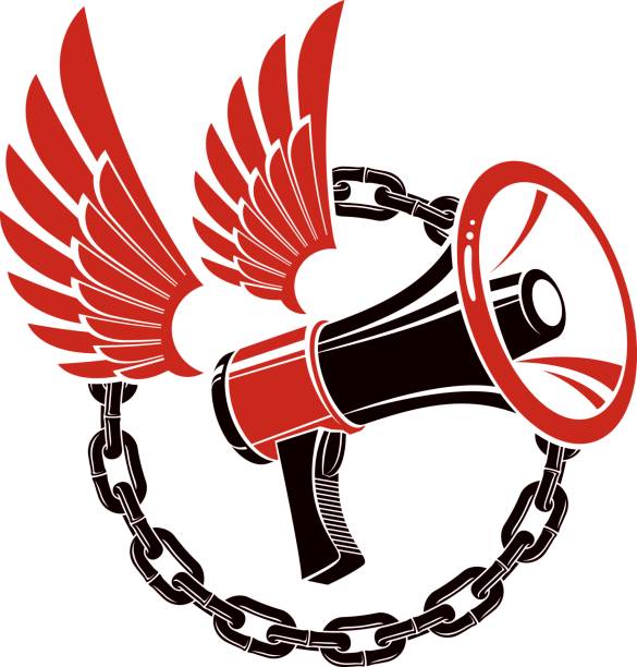 Vector winged illustration composed with loudspeaker equipment surrounded by iron chain. Propaganda as the means of influence on public opinion Vector winged illustration composed with loudspeaker equipment surrounded by iron chain. Propaganda as the means of influence on public opinion global populism stock illustrations