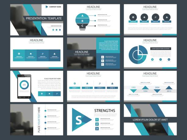 Business presentation infographic elements template set, annual report corporate horizontal Business presentation infographic elements template set, annual report corporate horizontal brochure design template blue powerpoint template stock illustrations