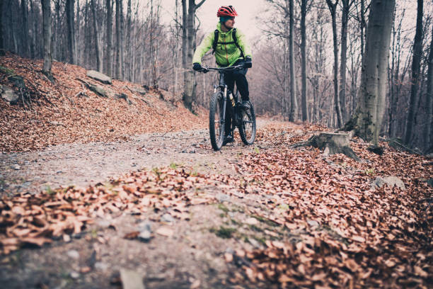 istock Mountain biker riding on trail in autumn woods 844400750