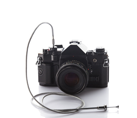 Shutter cable release on vintage slr camera ready to use