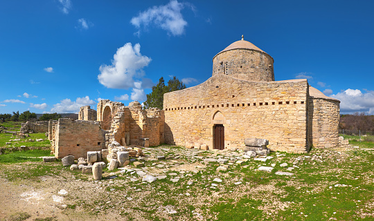 Ruined monastery Of Timios Stavros In Anogyra Village in Cypros, panoramic image