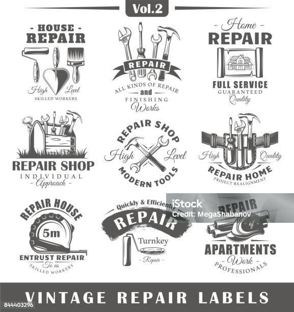 Ilustración de Conjunto De Etiquetas Vintage De La Reparación Vol2 y más Vectores Libres de Derechos de Logotipo