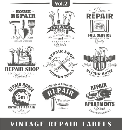 Set of vintage repair labels. Vol.2.  Posters, stamps, banners and design elements. Vector illustration