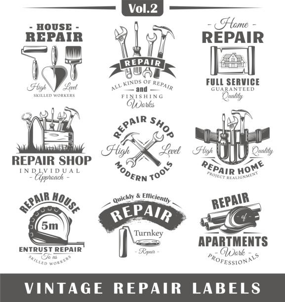 Set of vintage repair labels. Vol.2 Set of vintage repair labels. Vol.2.  Posters, stamps, banners and design elements. Vector illustration construction worker illustrations stock illustrations