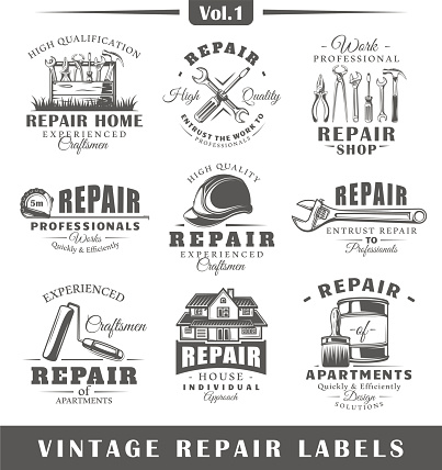 Set of vintage repair labels. Vol.1.  Posters, stamps, banners and design elements. Vector illustration