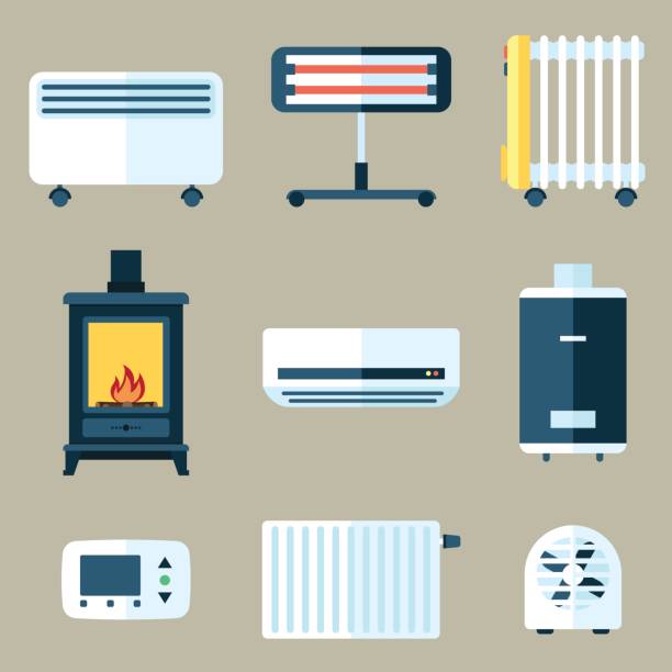 Heating appliances Vector set of various heating appliances. Flat style. radiator stock illustrations