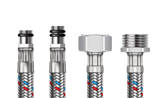 Set of different water fittings and connections with segments of braided hose. Vector realistic illustration isolated on a white background.