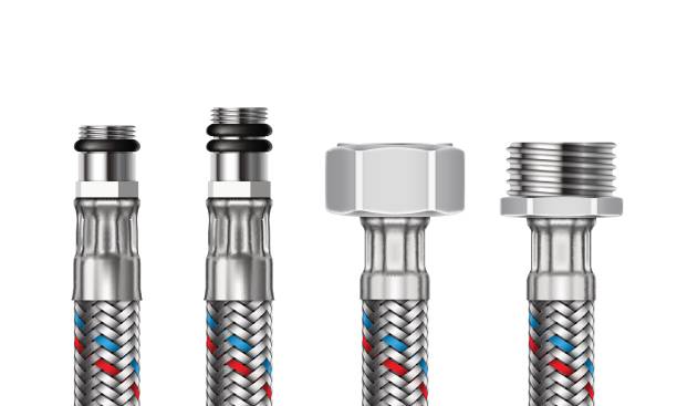 Set of different water fittings with segments of braided hose. Vector realistic illustration. Set of different water fittings and connections with segments of braided hose. Vector realistic illustration isolated on a white background. hose stock illustrations