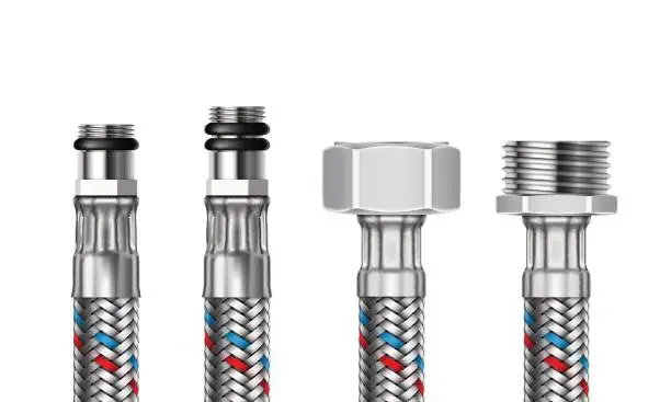 Vector illustration of Set of different water fittings with segments of braided hose. Vector realistic illustration.