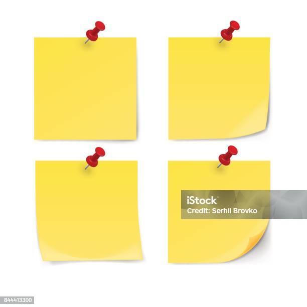 Yellow Sticky Note With Pin Clip Isolated On White Background Stock Illustration - Download Image Now