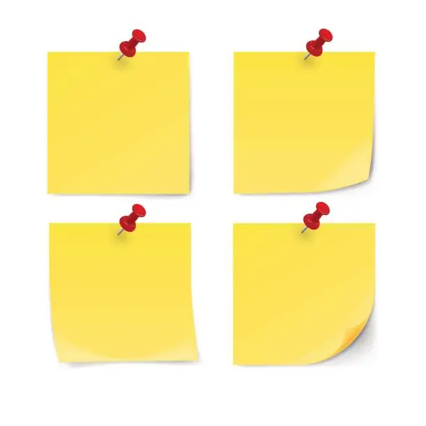 Vector illustration of Yellow sticky note with pin clip isolated on white background.