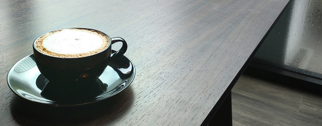 coffee latte on wooden table.